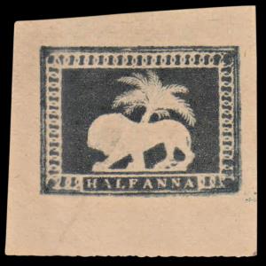 1890 Lion & Palm Tree essay reprint, 1/2a black on yellowish wove paper, imperf, Spence 26
