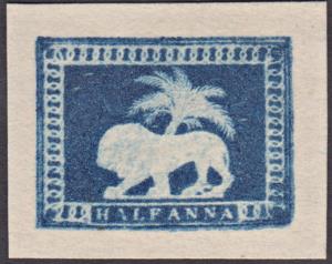 1890 Lion and Palm Tree essay, 1/2a, deep blue on yellow card, die II, Spence 33, light hi