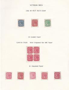 1866 4a West India essay, 8 different shades, 8 singles and one blk of 4, neatly mounted o