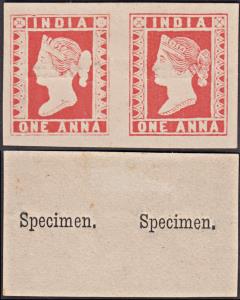 1890? Essay, 1a, vermilion pair on yellowish wove paper, with word ”Specimen” printed in b