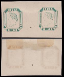 1890? Essay of QV 2a, yellow green, on yellow wove paper, pair, position 5 & 6, Spence 23.
