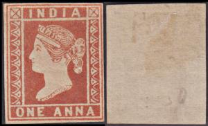 1854 Reprint, lithographic impression of QV 1a, deep vermillion, on yellowish wove paper, 