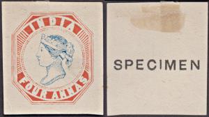 1890 Reprint essay, 4a, blue and red with ”SPECIMEN” printed in black in large sans serif 