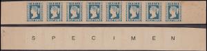 1894 QV 1/2a, blue, strip of 8, with “SPECIMEN” printed in large sans serif block capitals