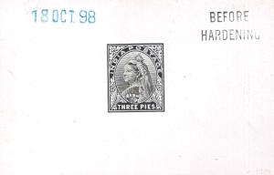 1900 QV 3p, Die proof in black on glazed Card, 92x60mm, marked ”BEFORE HARDENING” dated ”1