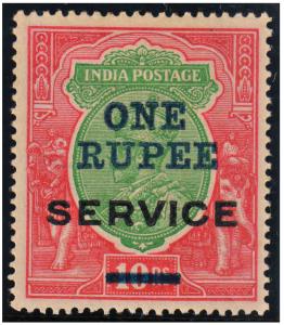 1925 Official Surcharge Essay, KGV, green & scarlet, 1R on 10R, ”ONE / RUPEE” in black, w/
