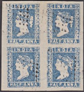 1854 QV 1/2a, blue, die I, blk of 4, SG 2, pos. 85/86, 93/94 fine used, with all 4 clear m