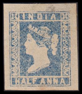 1854 QV 1/2a, blue, die II, SG 6, unused, with all 4 clear margins. Fine, very scarce.