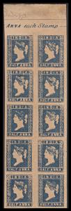 1854 QV 1/2a, indigo, die II, blk of 10, SG 7, unused, with upper sheet margin showing ”AN