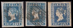 1854 QV ½ a, blue, 3 different dies, die I,II and III, used with close to average margins.