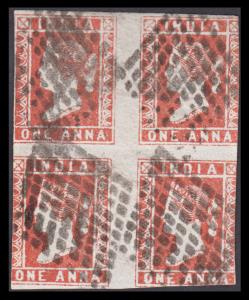 1854 QV 1a, deep red, die II, used blk of 4, SG 13, margins close cut into from all sides.