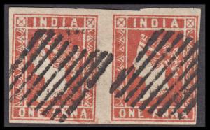 1854 QV 1a, deep red, die II, used pair, SG 13, margins close cut into from two sides, res