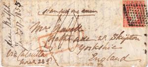 1854 QV 1a, only front of a cover to England, tied by small diamonds of dot cancel, Cooper