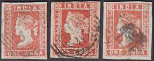 1854 QV 1a, die I, II & III, fine used copies close to average margins, die III cut into f