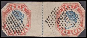 1854 QV 4a, blue and red, used pair, 2nd printing, head die II, frame die I, upright posit
