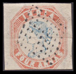 1854 Qv 4a, blue and red, used, 2nd printing, head die II, frame die I, reverse position 8