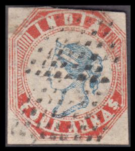 1854 QV 4a, blue and red, 3rd printing, head III frame I, SG21, cut square, top margin cut