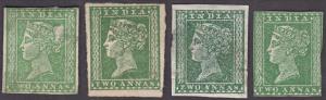 1854 QV 2a, green, SG 31, 4 different shades. Unused, average to cut into, scarce, fine.