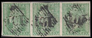 1854 QV 2a, green, SG 31, used strip of 3, average to closed margins. Scarce, fine.