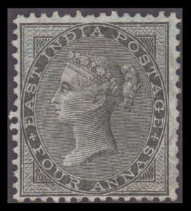 1855 EI QV, 4a, black on blue glazed paper, SG 35, no Wmk, unused, hinged. Slight paper th