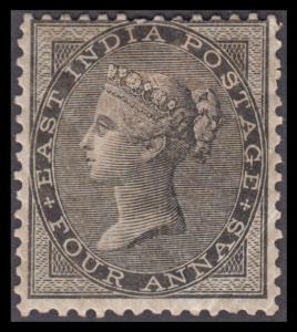 1856-64 EI QV, 4a, black, unused, SG 45, shifted to top, hinge marks, stains on back. Very