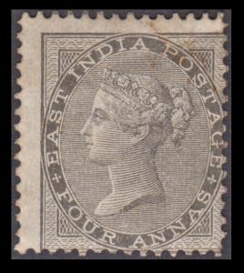 1856-64 EI QV, 4a, grey black, unused, SG 46, shifted to right, minor stains on back. Very