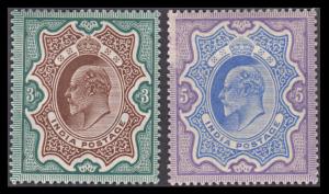 1902 KED VII, 3Rs brown and green, 5Rs ultramarine and violet, SG 140-142, MLH. Fine.