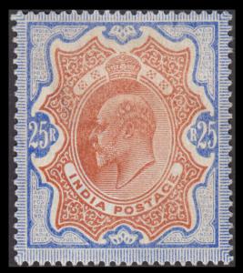 1902 KED VII, 25Rs brownish orange and blue, SG 147, unused, hinged, gum washed. Scarce, f