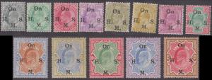 1902-09 Official, KED VII simplified set of 13, optd. ”On H.M.S.” type O9 SG O54-65/68-72,