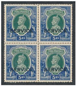 1937-39 KGVI stamps optd. ”SERVICE”, O18, 5Rs., SG O140, blk of 4, mint. Fine.