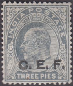 1905 Military, KED VII 3p, grey optd. ”C.E.F.”, error “optd. double, one albino”, SG C12a,