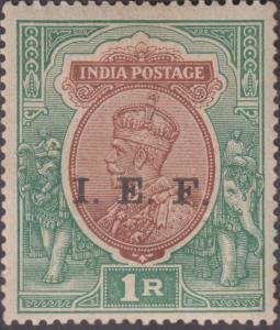 1914 Military, KGV 1Re, red brown and deep blue green, optd. ”I.E.F.”, error ”optd. double