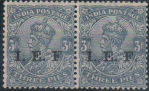 1945 KGV 3ps, grey, optd. ”I.E.F.”, unused pair, SG E1, error ”No Stop after ”F” in one st
