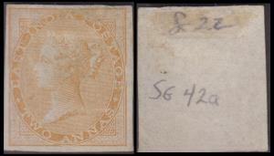 1856-64 EI QV 2a, yellow buff, unused imperf single, SG42a, Cat val. £ 1600, pencil inscri