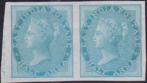 1856-64 QV 1/2a, yellowish to white paper, imperf pair, SG 37a, Cat val. £ 900, very good 