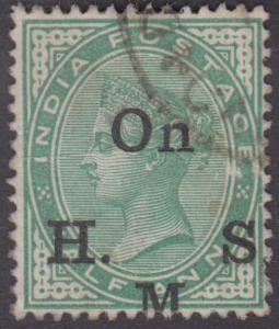 1900 Official, QV 1/2a, pale yellow green, optd. ”On H.M.S.”, SG # O49, variety ”Misplaced