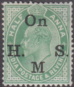 1906 Official, KED VII 1/2a, green, optd. ”On H.M.S.”, SG O66a, variety ”No stop after M”,