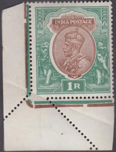 1911-22 KGV 1Rs, brown and green, SG 186, lower left marginal sheet corner stamp with perf