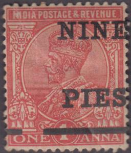 1921 KGV 1a, carmine, surcharged ”NINE / PIES”, SG 192, surcharge shifted to right, diagon
