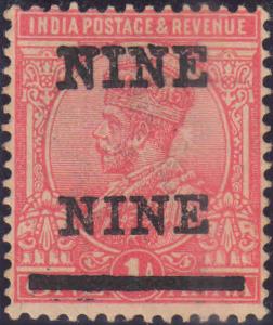 1921 KGV 9p on 1a, rose carmine, SG192a, error ”NINE NINE” for ”NINE PIES”, Cat val. £ 130