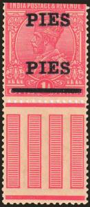 1921 KGV 9p on 1a, rose carmine, SG192b, error ”PIES PIES” for ”NINE PIES”, Cat val. £ 130