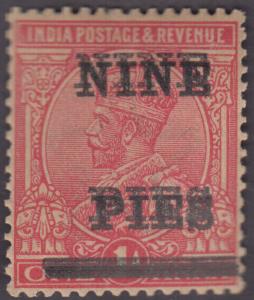 1921 KGV 1a, carmine, surcharged ”NINE/PIES”, SG 192c, surcharge printed double, Cat val. 