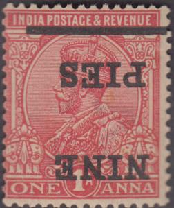 1922 KGV 1a, carmine, surcharged ”NINE / PIES”, SG 192, surcharge printed inverted and shi