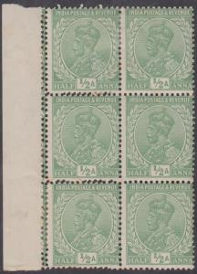 1926-33 KGV ½a, green, blk of 6, error ”Double perforation”, mint lightly hinged. Extremel
