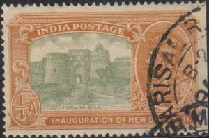 1931 Inauguration of New Delhi, KGV 1/2a, green and orange brown, SG 226a, error ’F” for ”