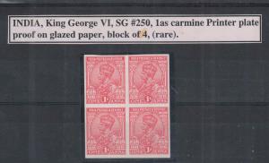 1937 KGV 1a, carmine, printer plate PROOF on glazed paper, SG 250, blk of 4, Extremely rar