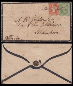 1854 Mourning Envelop to Serampore (ex. Danish Settlement) franked with 1a, red, die I, an