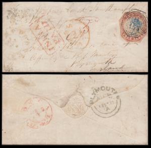 1855 cover franked with 1854 QV 4a, blue and red, cut-to-shape tied by ”B/153” and ”PURNEA
