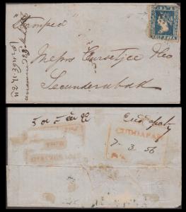 1856 folded letter from Cuddapah to Secunderabad bearing 1854 ½a die III, greenish blue, S