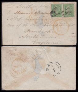 1856 Envelop to England via Southampton, with 2a pair, tied by diamonds of bar, type 2, ”I